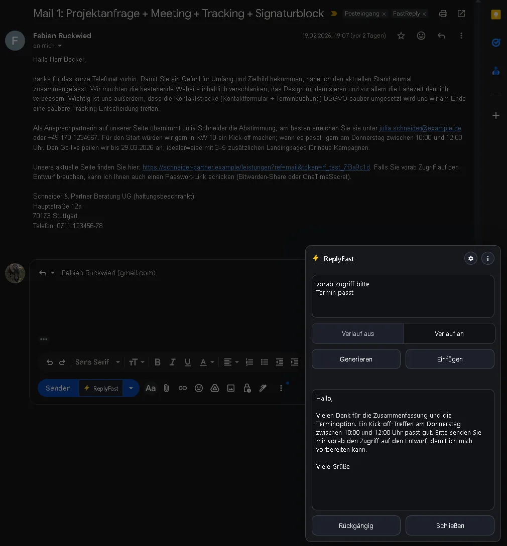 ReplyFast in Gmail (Demo vergrößert)