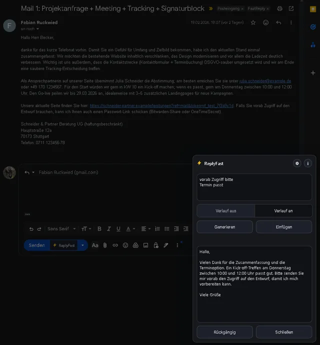ReplyFast Popup in Gmail